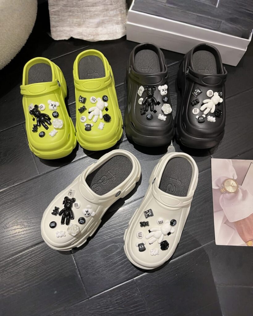 Cute waterproof platform sandals in various colors with decorative embellishments. Aesthetic summer shoes.