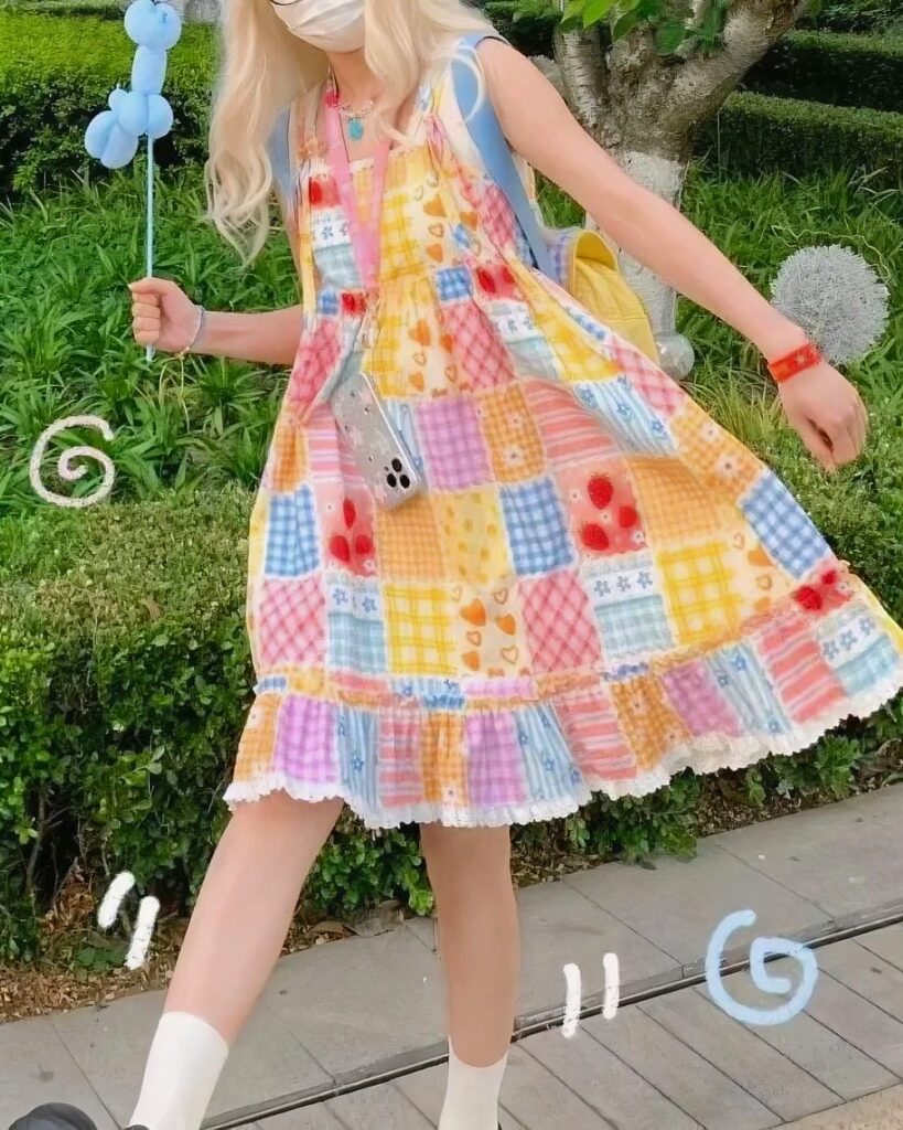 Cute colorful jojifuku aesthetic dress with patchwork design and layers.