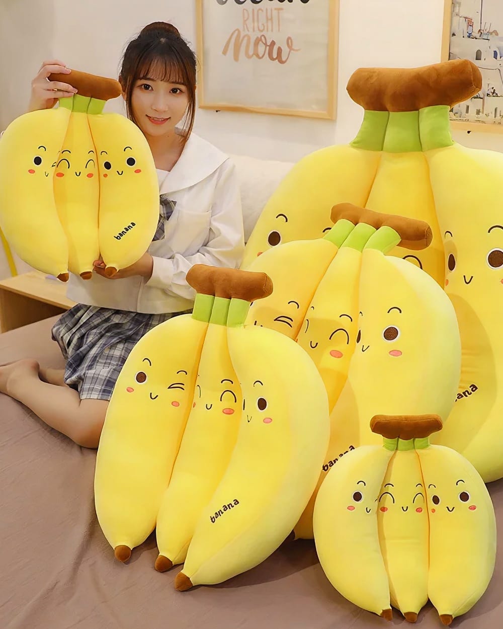 Cute Banana Plushies - Three Pack Edition product photo 1 Set of three cute banana plushies, featuring smiling faces and plush construction.