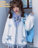 Japanese Style Bowed Cardigan Set - Soft Girl aesthetic featuring a light blue cardigan with bow detail and matching skirt.