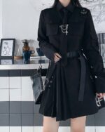 Black gothic aesthetic set featuring a pleated dress with belt and layered collar.