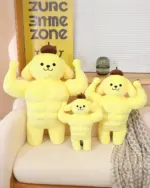 Set of yellow sanrio muscular plushies with brown accents and smiling faces.