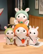 Several kawaii bunny plushies, including Cotton the Adventurous Rabbit, with hats and accessories.