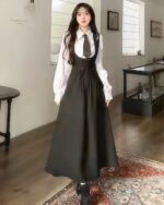 Elegant Uniform Set - Preppy Aesthetic: Black dress with waistcoat and tie ensemble featuring a white shirt.