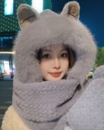 Gray fox ears scarf with a hooded hat and knitted scarf, winter accessory.