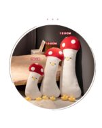 Set of gourmet long vegetable plushies, including mushroom and carrot designs, in various sizes.