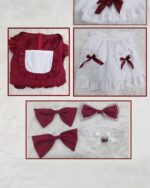 Red Maid Dress set: burgundy top and white dress with bows, accessories.
