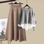 Gray Top Brown Skirt