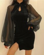 Black Korean aesthetic dress with a high neckline, sheer sleeves, and a side slit.