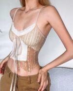 Summer Patchwork Camisole - Coquette Aesthetic top, lace detail, spaghetti straps, corset style.