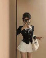 College Girl Student Set - Korean Aesthetic: Black blazer and white pleated skirt outfit.