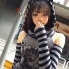 Striped Off-Shoulder Hoodie - Grunge Aesthetic word1