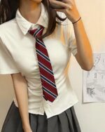 White shirt and preppy aesthetic uniform with a red and navy blue tie.