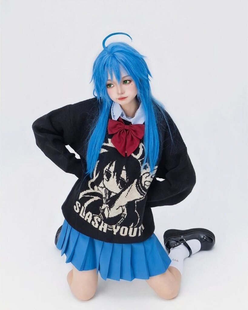 Black lucky star sweater featuring a graphic print, worn by a model with blue hair and a red bow.
