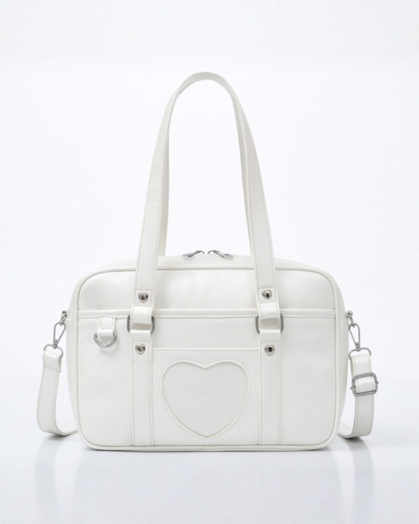 White japanese schoolbag with heart detail, top handle and shoulder strap.