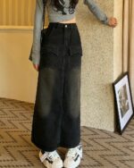 Long y2k denim skirt with pockets and a relaxed fit. Aesthetic long skirt.