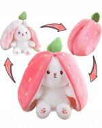 Kawaii transformable bunny plushie shows its bunny and strawberry forms.