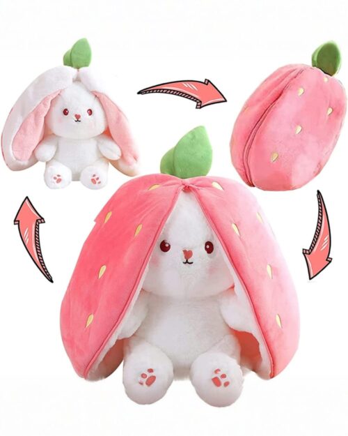 Kawaii transformable bunny plushie shows its bunny and strawberry forms.