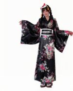 Woman wearing a black japanese aesthetic yukata with floral patterns and wide sleeves.