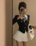 Black and white korean aesthetic set with a pleated skirt and blazer.