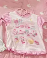 Kawaii pink princess t-shirt with sweet lolita design featuring cartoon characters and desserts.