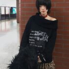 Off Shoulder Dark Pullover Sweater - Grunge Aesthetic word2