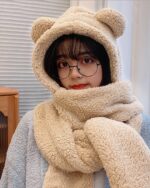 Fluffy bear ear scarf set with a hood and gloves, warm and cozy winter accessories.