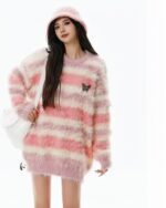 Striped fluffy sweater, Korean aesthetic sweater, worn by a model.