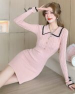 Pink korean knitted dress featuring a cable knit design and collar detail.