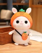 Kawaii bunny plushie Cotton the Adventurous Rabbit wearing a carrot hat and carrying a carrot accessory.