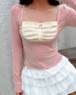 Square collar pink soft girl pullover with puff sleeves and lace details.