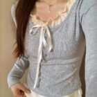 Knitted Bow Lace Sweatshirt - Vintage Aesthetic word1
