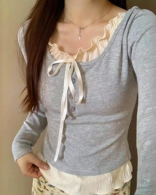 Knitted Bow Lace Sweatshirt - Vintage Aesthetic