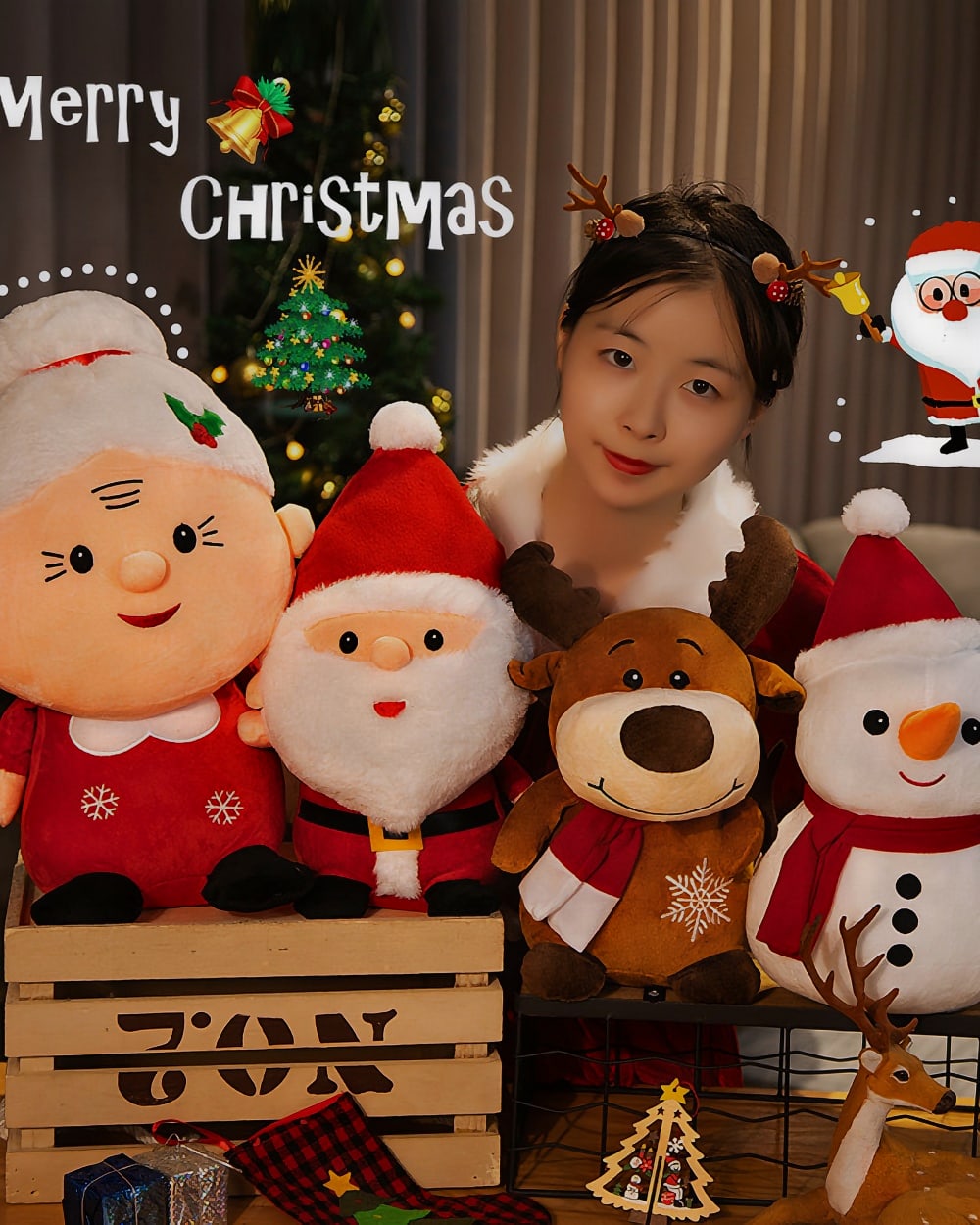 Christmas plushie decor assortment featuring Santa, snowman, and reindeer plush toys.