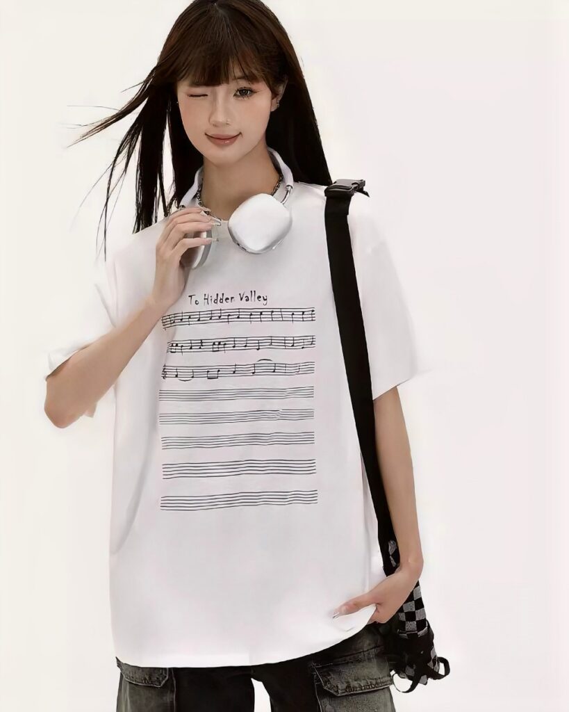 White artsy aesthetic tee with musical notes and text design featuring "To Hidden Valley".