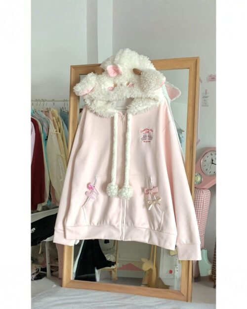 Pink lamb hoodie kawaii with a fluffy hood and bow details, casual style.