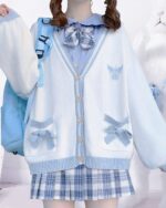 Japanese Style Bowed Cardigan Set - Soft Girl Aesthetic with plaid skirt and accessories.