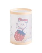 Kawaii pen holder featuring a bear and strawberry design, clear plastic, with yellow trim.