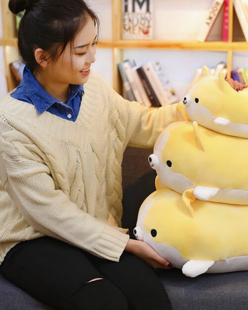 A woman holds a kawaii corgi plushie, a soft, yellow stuffed animal.