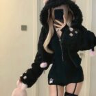 Black Cat Coat and Jumpsuit Set - Kawaii Coquette word1