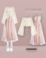 Elegant Spring Set - Korean aesthetic set: Pink floral dress and top outfit with sneakers.