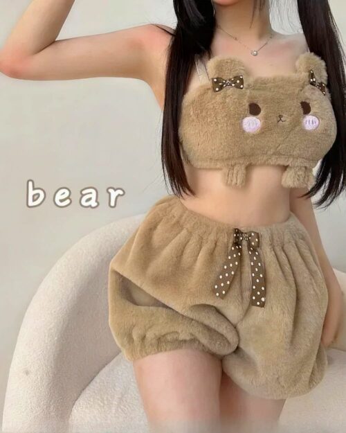 Brown kawaii bear pajamas set featuring a plush bear hood and shorts. Sweet lolita aesthetic.