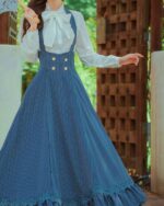 Elegant Literary Girl Set - Cottagecore aesthetic set featuring a blue striped dress with suspenders and white blouse.