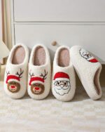 Set of christmas plushy slippers featuring reindeer, Santa, and snowman designs. Soft, warm home footwear.