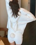 White fluffy bunny pajamas set featuring a hooded sweatshirt and shorts.