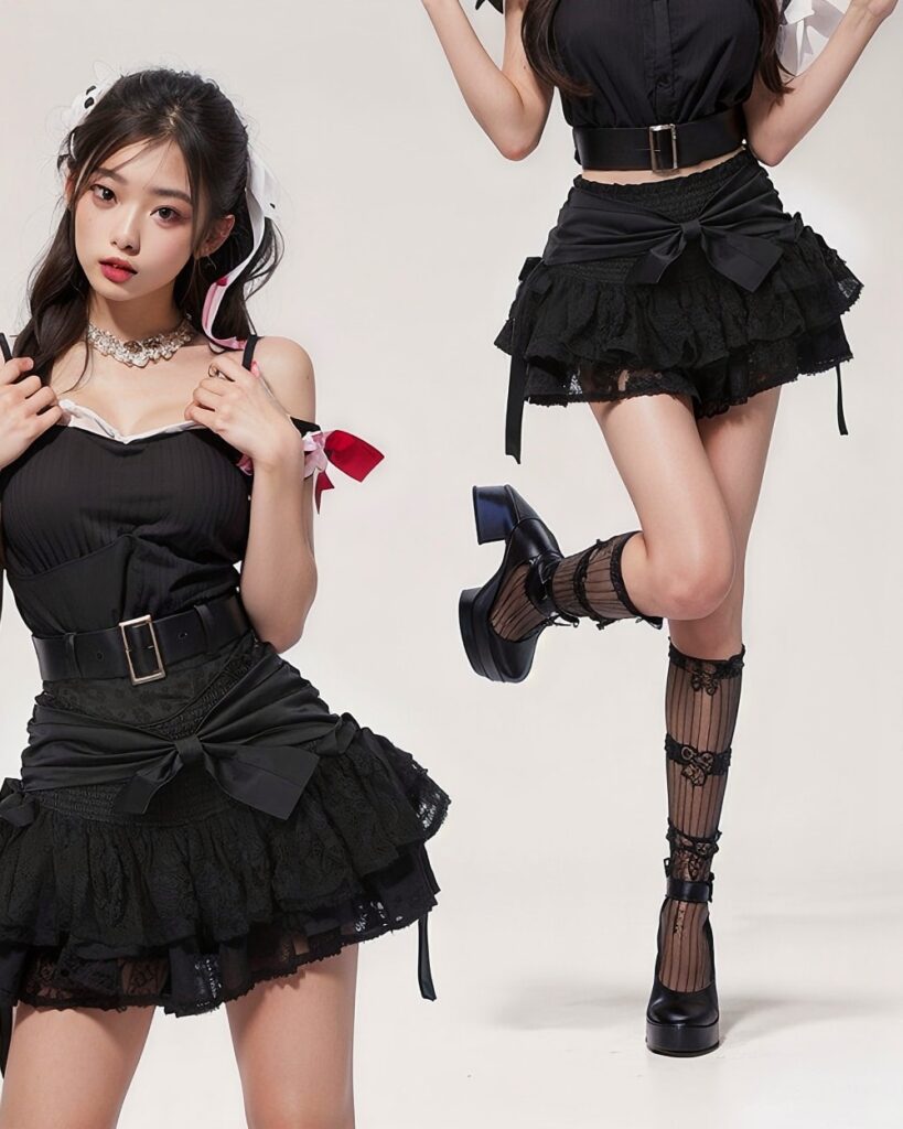 Two models wearing a black french style bow skirt with lace details and a matching corset top.