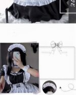 Soft Girl Japanese Lolita Maid Costume detail; black and white ruffled dress with headband and wrist cuffs.
