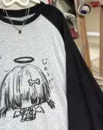 Gray animecore sweatshirt featuring a black and white anime-style illustration.