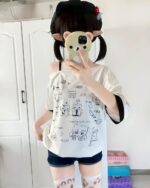 White harajuku kawaii t-shirt with cute character illustrations.