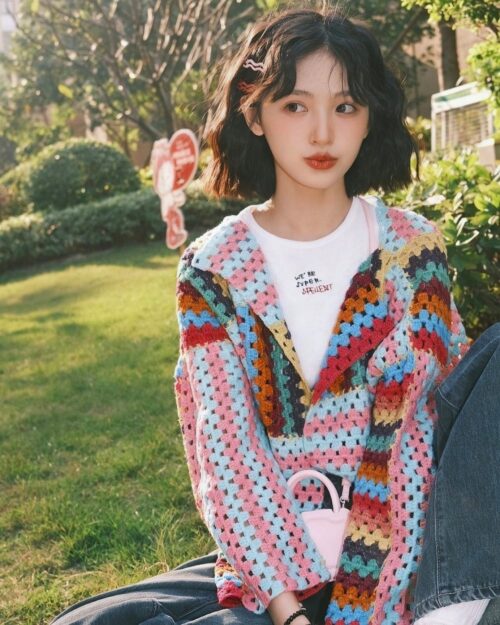 Retro Colorful Knitted Cardigan - Vintage Aesthetic